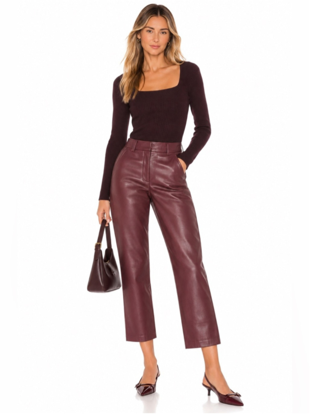 Aritzia Babaton Vegan Leather Cropped Pants Burgundy Size 0